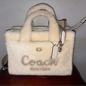 Coach Cream Shearling Mini Satchel with Gold Hardware